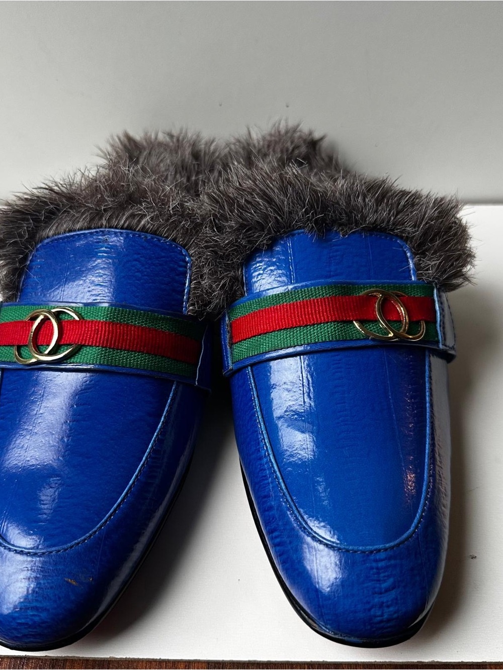Blue Glossy Fur Lined Slip-On Mules Loafers with Green/Red Web Stripe Size 9